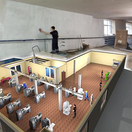Именно так согласно 3D-проекту Семёна Головачёва будет выглядеть помещение промышленного цеха после окончания строительных работ.